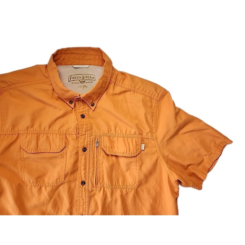Field & Stream Men's Large Orange Vented Fish Outdoors Shirt S/S Zip Pocket EUC